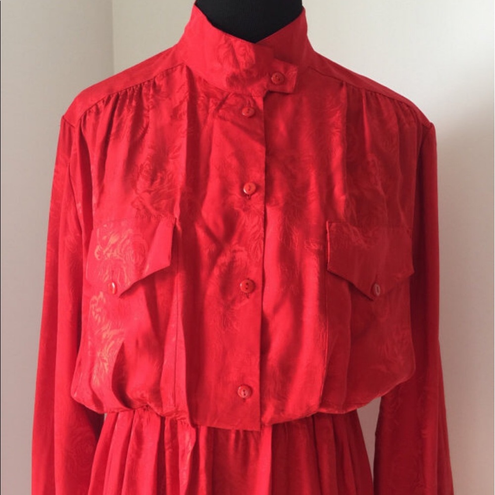 Vintage 1980s High Collar Red Floral Genuine Silk Secretary Dress